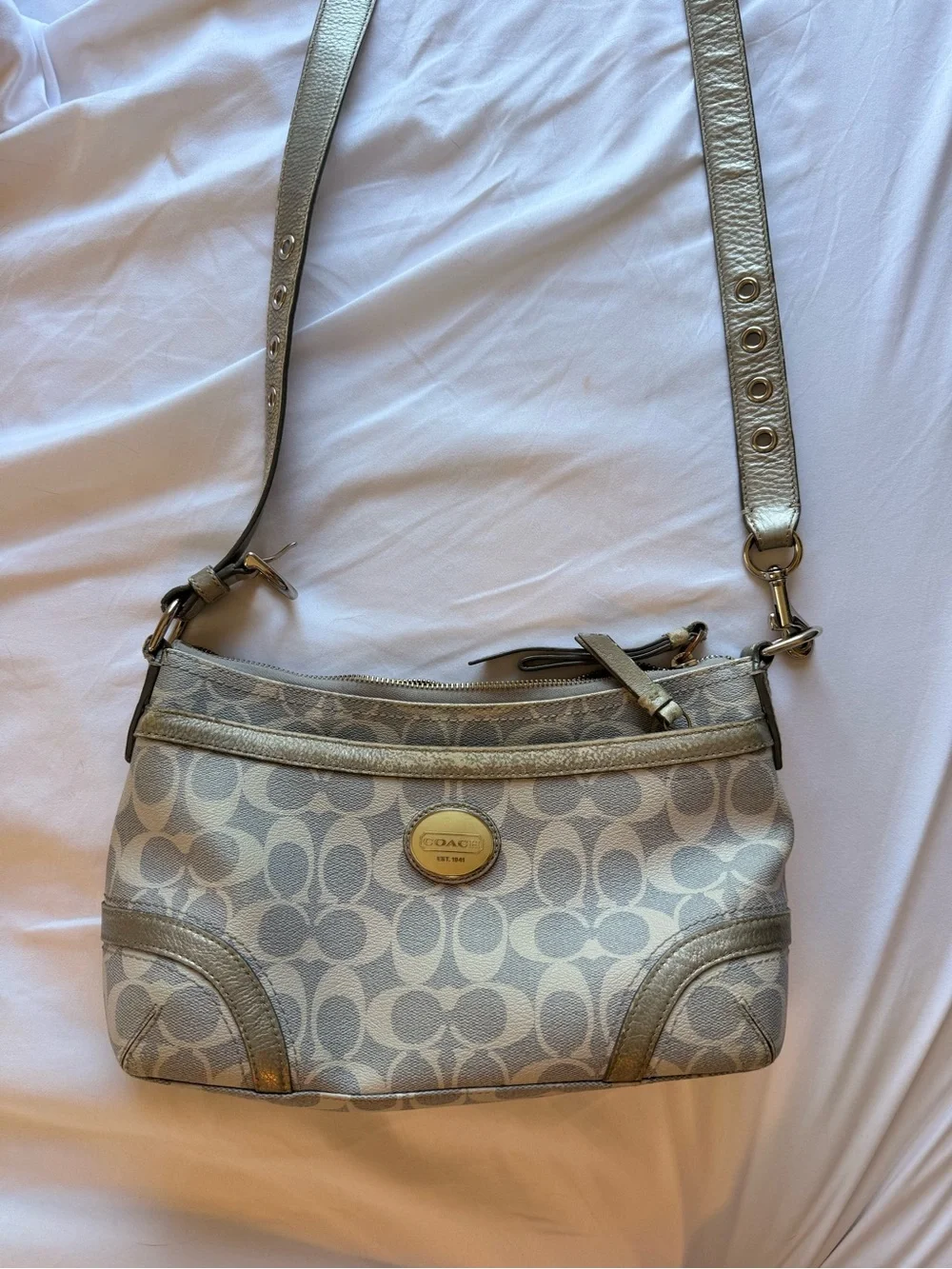 Coach Signature Shoulder Bag in Metallic Light Blue and Cream